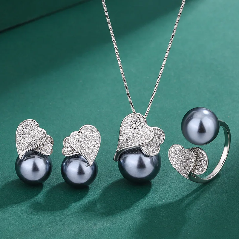 Tahitian Pearl Earring Double Heart Shaped Love Cubic Zircon Necklace Ring for Women Jewelry Wedding Gift for Guest Friends Gift bridal jewelry sets crystal jewelry sets earring ring sets