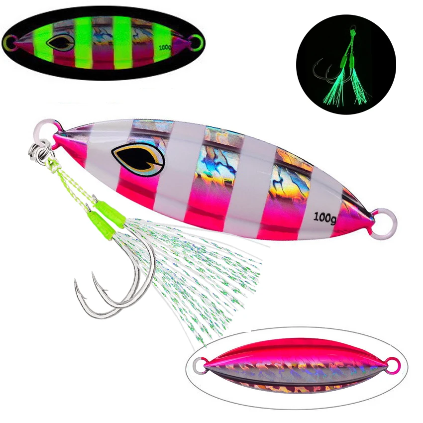 1 stücke Hohe qualität Metall Nacht Glow Langsam Jig Angeln Locken 40g 60g-200g Waschbecken schnell Tiefsee Boot Angeln Marlin Makrele Köder – Detail 7