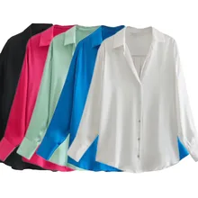 

Jenny&Dave 2022 Spring Fashion Satin Simple V-neck Basic Casual Shirt Women Blouse England Style Blouse Women And Tops