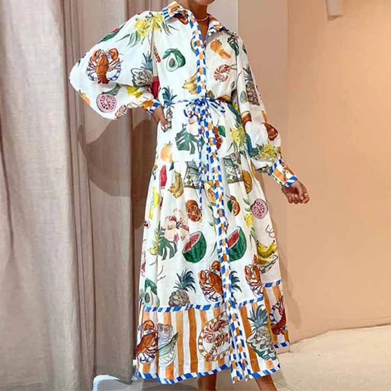 

Autumn Elegant Print Bohemian Dress for Women 2023 Y2K INS Long Lantern Sleeve Single Breasted Corset Vacation Party Dress