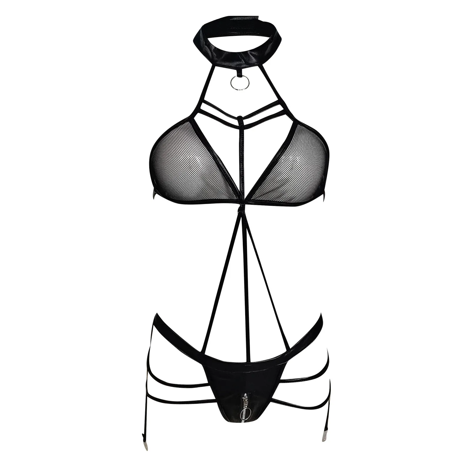 Set Lingerie Sexy In Pelle Con Catene - Bodysuit Crotchless, Taglia Unica, Nero - Foto 9