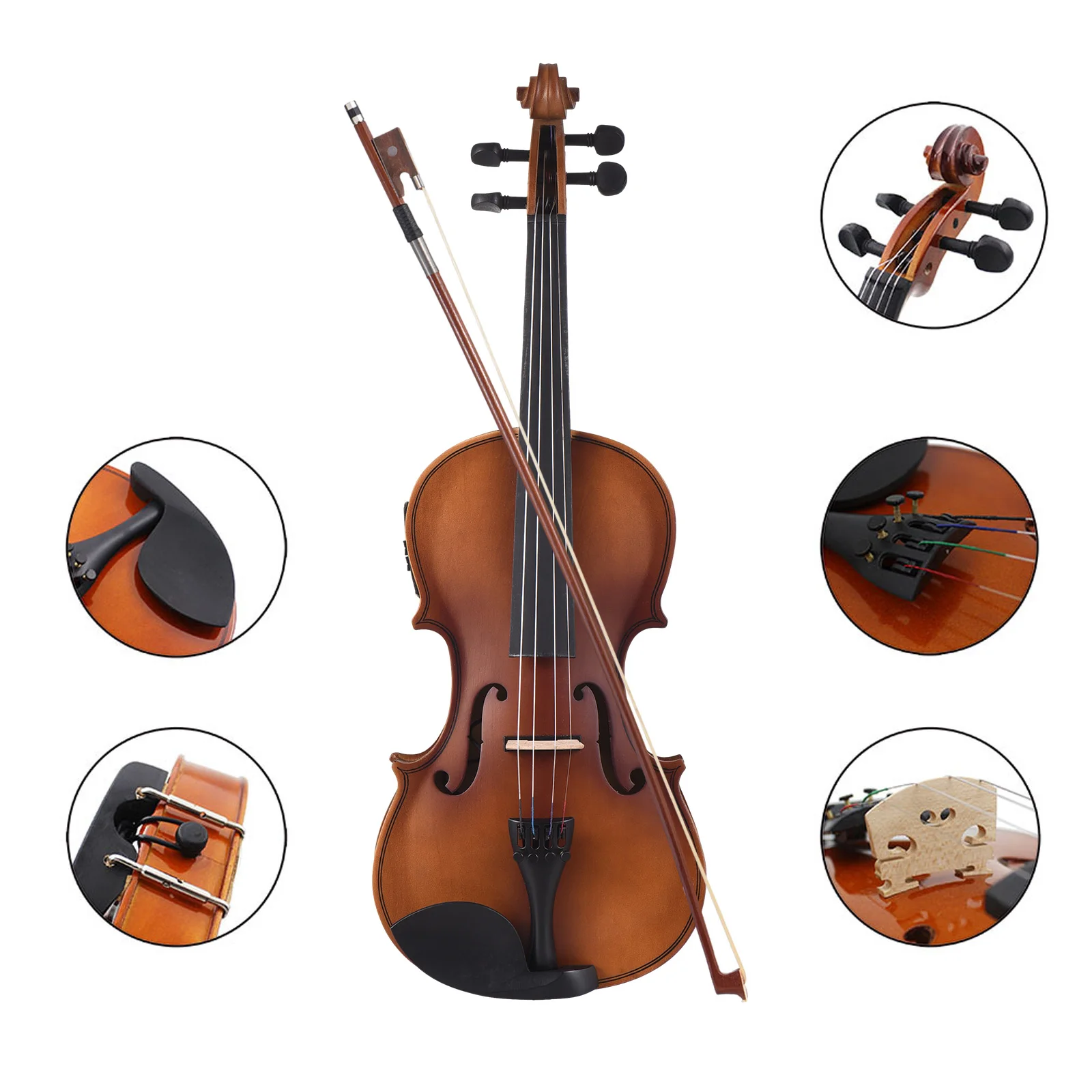 4/4 EQ Violin Full Size Set Solid Wood Violin for Beginners Students School Learners Shoulder Support Audio Cable Spare Strings