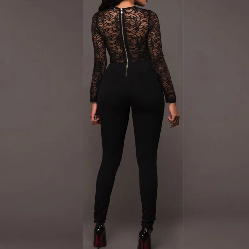 

Sexy Slim Lace Floral Jumpsuit Club Pants S-XL Bodysuits 2023 Fashion Ladies Long Sleeve Hollow Open Back High Waist Jumpsuit
