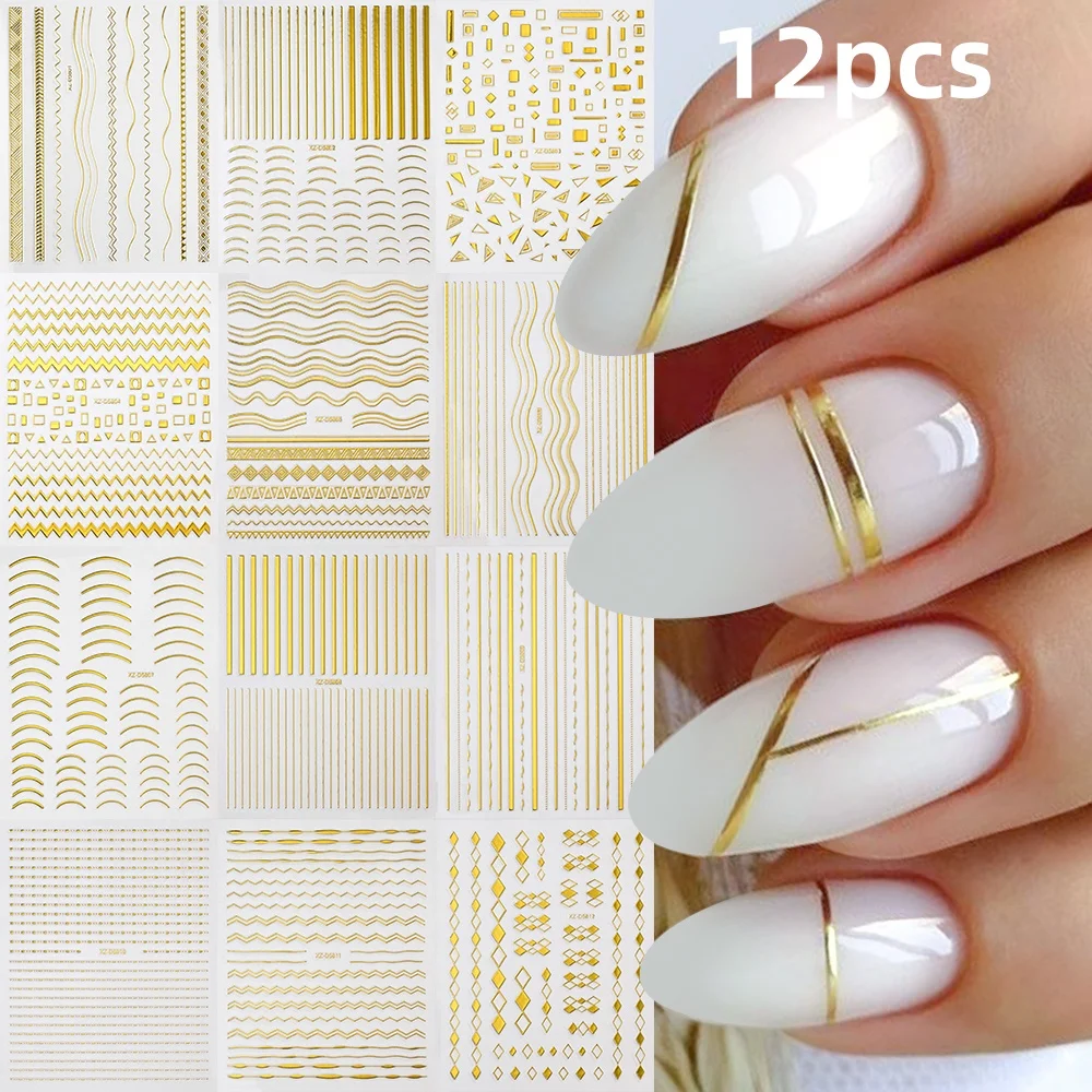 3D Gold Metallic Nail Art Stickers Irregular Stripes French Metallic Wavy Line Self-Adhesive Decals DIY Nail Supplies 12pcs nail stickers decorative stickers nail art decoration nail decals
