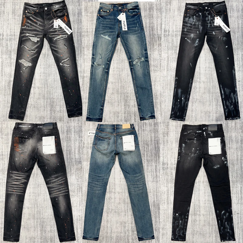 

Multi-style Washed Do Old Ripped Purple Brand Jeans Fashion Classic Handwork Irregular Inkjet Print Original Label Long Pants