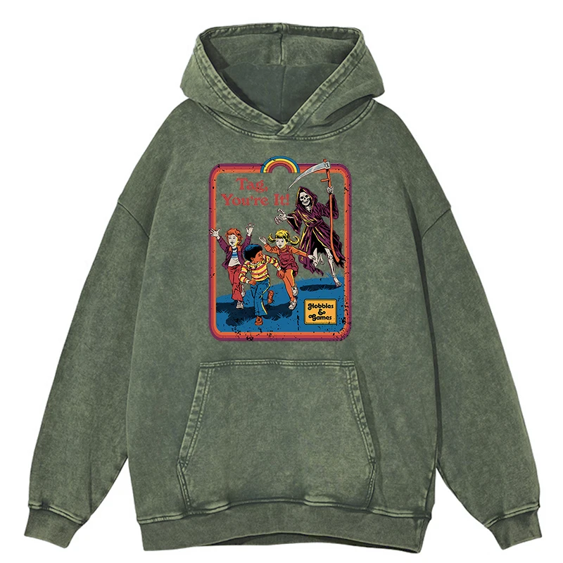 thumbnail image 1 of Sudadera con capucha retro desgastada con el mensaje "La muerte me persigue desde atrás" para hombre, moda hip hop, sudadera de gran tamaño, 100 % algodón, 1 of 5
