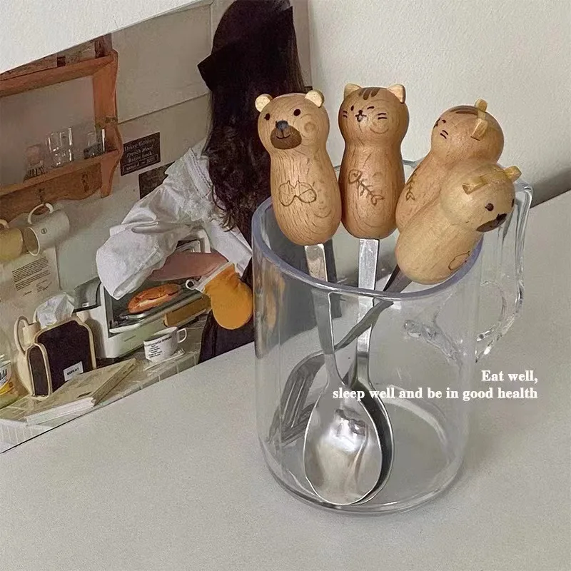 Cute Cartoon Little Bear Fruit Fork and Spoon Suit Solid Wood Handle Stainless Steel Pastry Fork Coffee Spoon Kid Gift