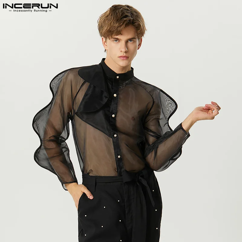 

INCERUN Tops 2023 American Style Men's Thin See-through Mesh Shirt Stylish Street Bubble Sleeve Design Long Sleeved Blouse S-5XL