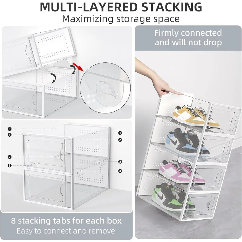 Shoe Boxes Clear Plastic Stackable, 18 Pack Premium Shoe Organizer Storage for Closet Space Saving Foldable Rack Containers