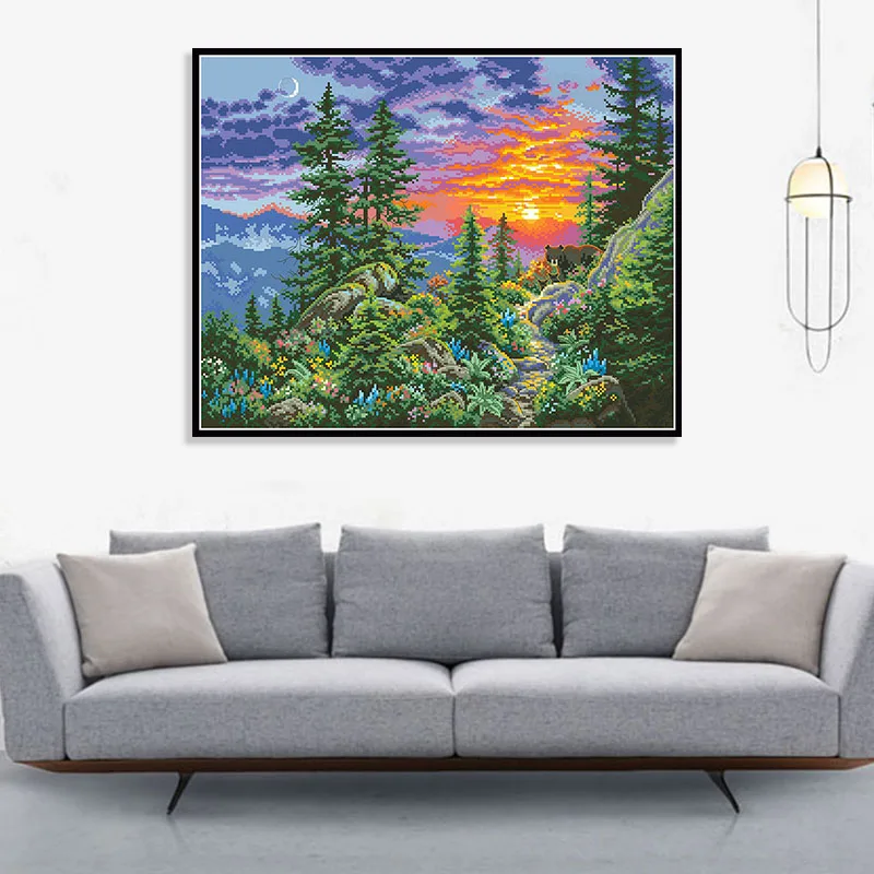 Sunset Landscape Counted Cross Stitch Patterns Kits Unprinted Canvas 11 14CT Needlework Sets DIY Embroidery Paintings Home Decor