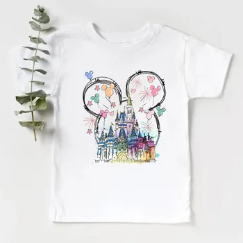 2024 Summer New Fashion Children's Clothing Girl Clothes 2 to 8 Years Disney Castle Print Cotton Short Sleeve Kids Tshirt 5