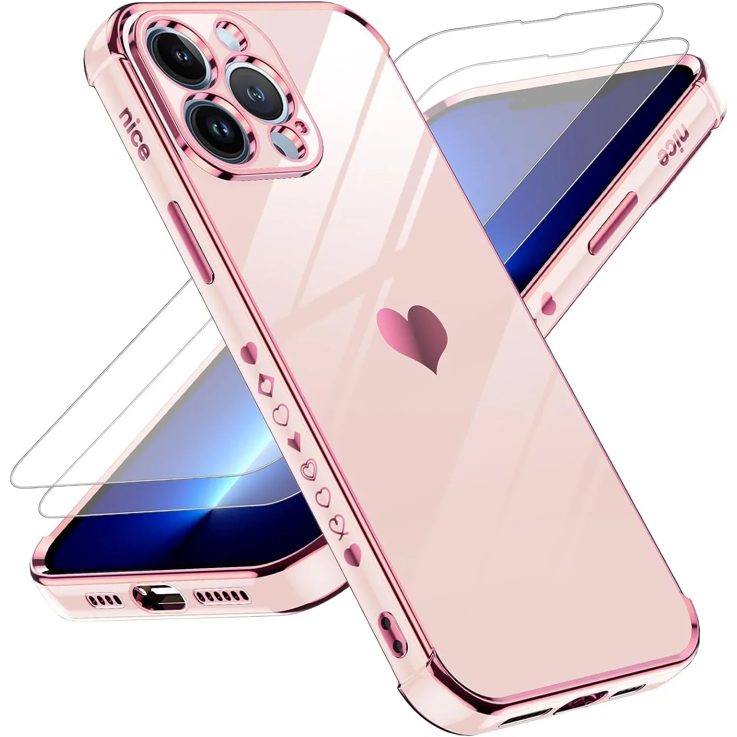 Funda iPhone 13 Pro Max con 2 Cristales Templados, TPU Suave Galvanizado Corazón Rosa, Antigolpes para Mujer
