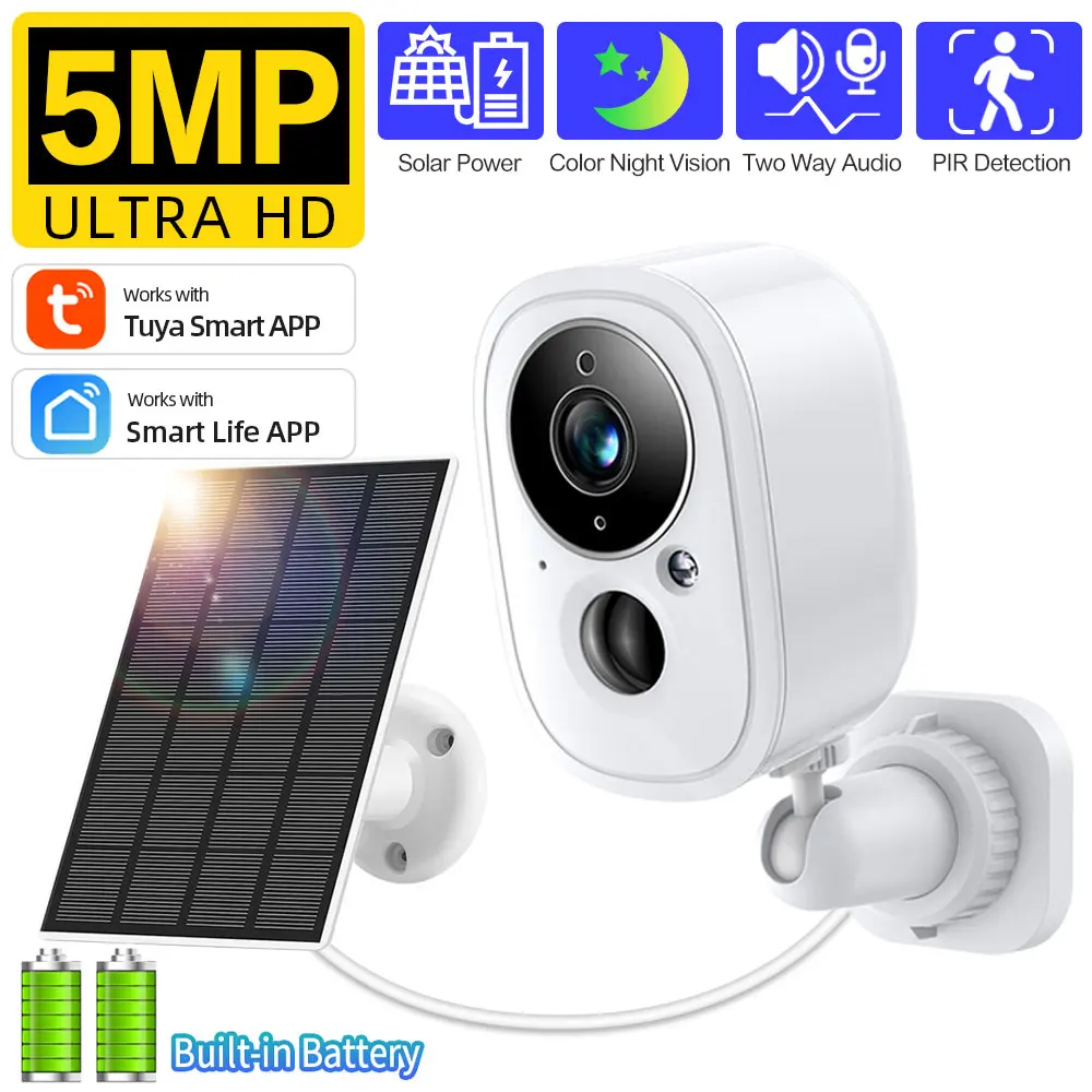 5Mp Tuya Smart 5200Mah Batteria Solare Outdoor Wifi Pir Security Sirena Sorveglianza Fhd Camera Spotlight Color Night Vision Cam