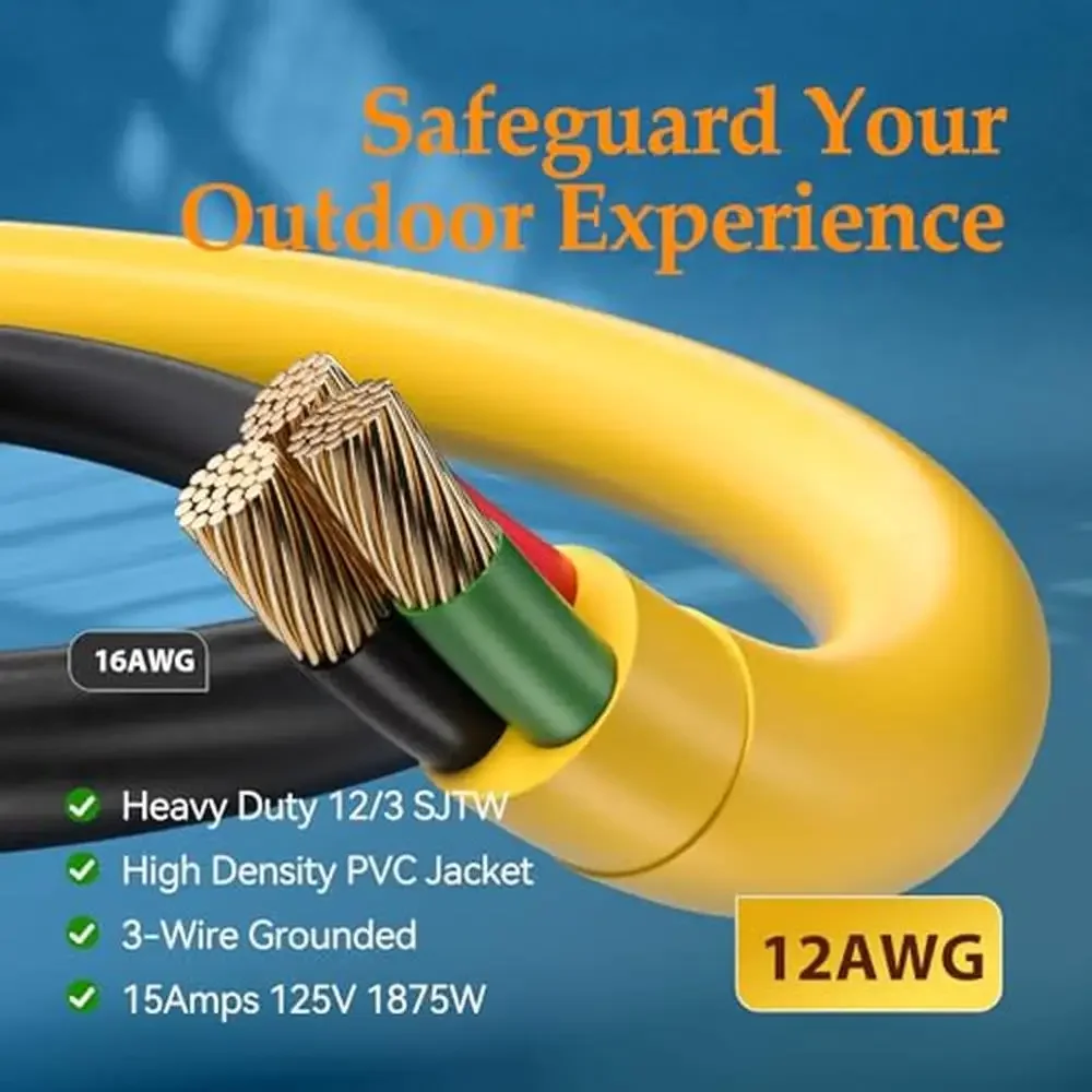 100FT Waterproof Outdoor Extension Cord Heavy Duty 15A 1875W Flexible Copper 3 Prong Commercial Cords Garden Construction