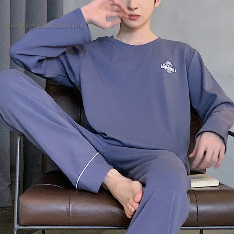 Spring Autumn Sporty Knitted Long-Sleeved Men's Pajamas Sets Letter Pajama For Men Sleepwear Suit Homewear 3XL pajama sets