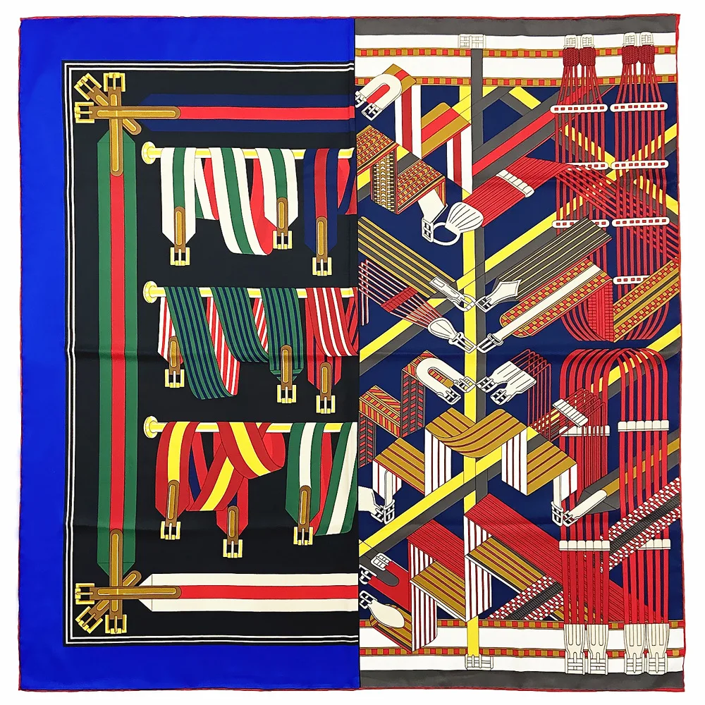 

90cm Luxury Brand Scarf Women Foulard Bandana Handmade Curled Twill Silk Square Scarf Chain Belt Design Head Hijab Scarves