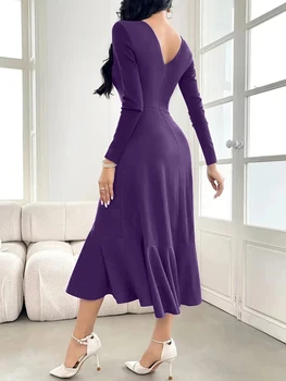 Solid Color Evening Dress, Round Neck, Long Sleeves, Fishtail Skirt, Slim Fit, Elegant Mid-Length Dress 1