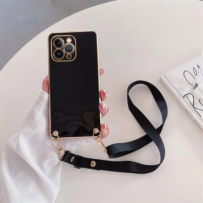 Crossbody Lanyard Plating Cute Love Heart Wrist Strap Holder Case For  iPhone 15 11 12 13 14 Pro Max XS XR X 7 8 Plus Soft Cover - AliExpress