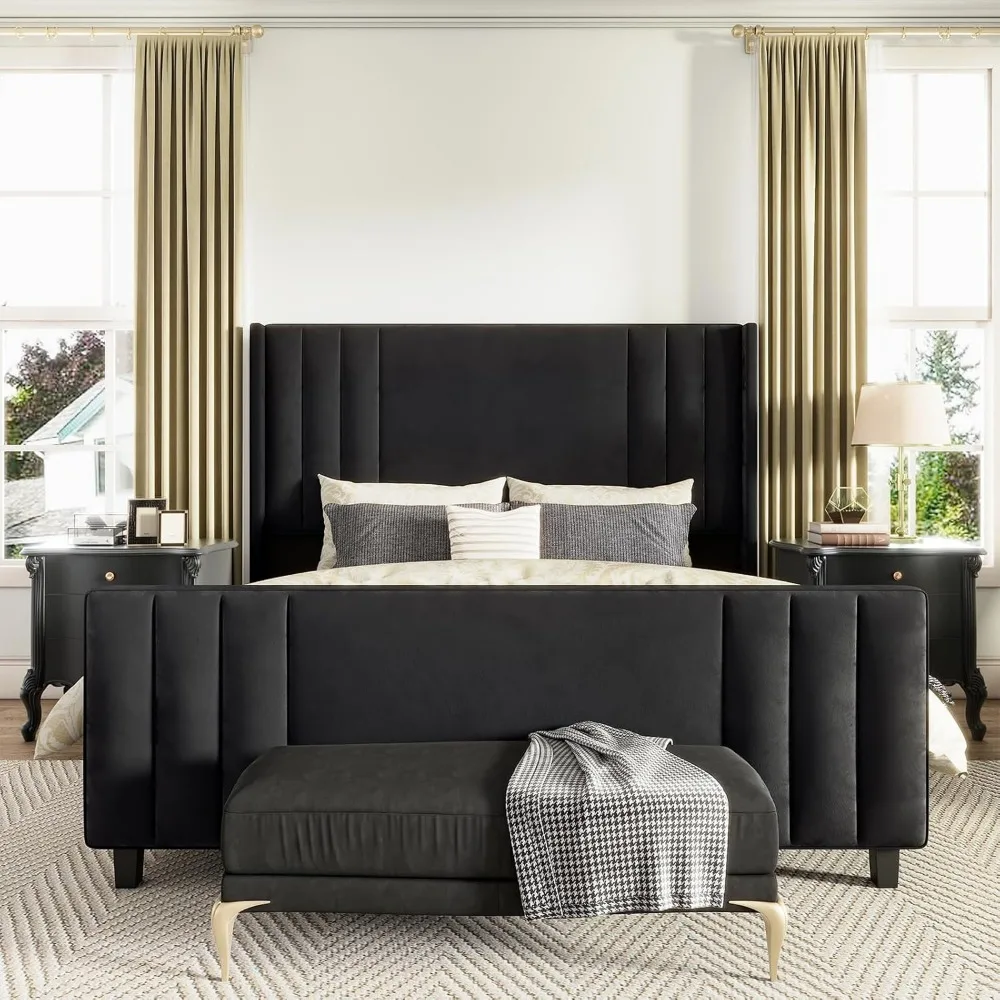 Queen Size Bed Frame, Velvet Upholstered Platform Beds with Vertical Channel Tufted Headboard & Footboard, Queen Size Bed Frame 3