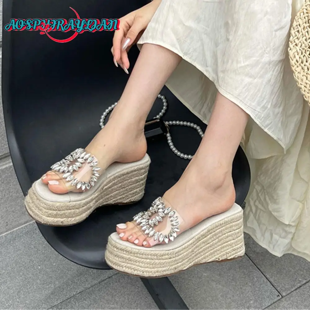 

2023 Women's Straw Espadrilles Rhinestones Mules Slipper Sandals Slip On Platform Leisure Wedges High Heels Shoes