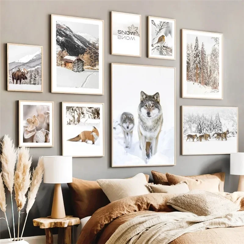 

Winter Nature Landscape Snow Canvas Painting Bird Wolf Animal Poster and Prints Wall Art Christmas Decoration Holiday Home Decor