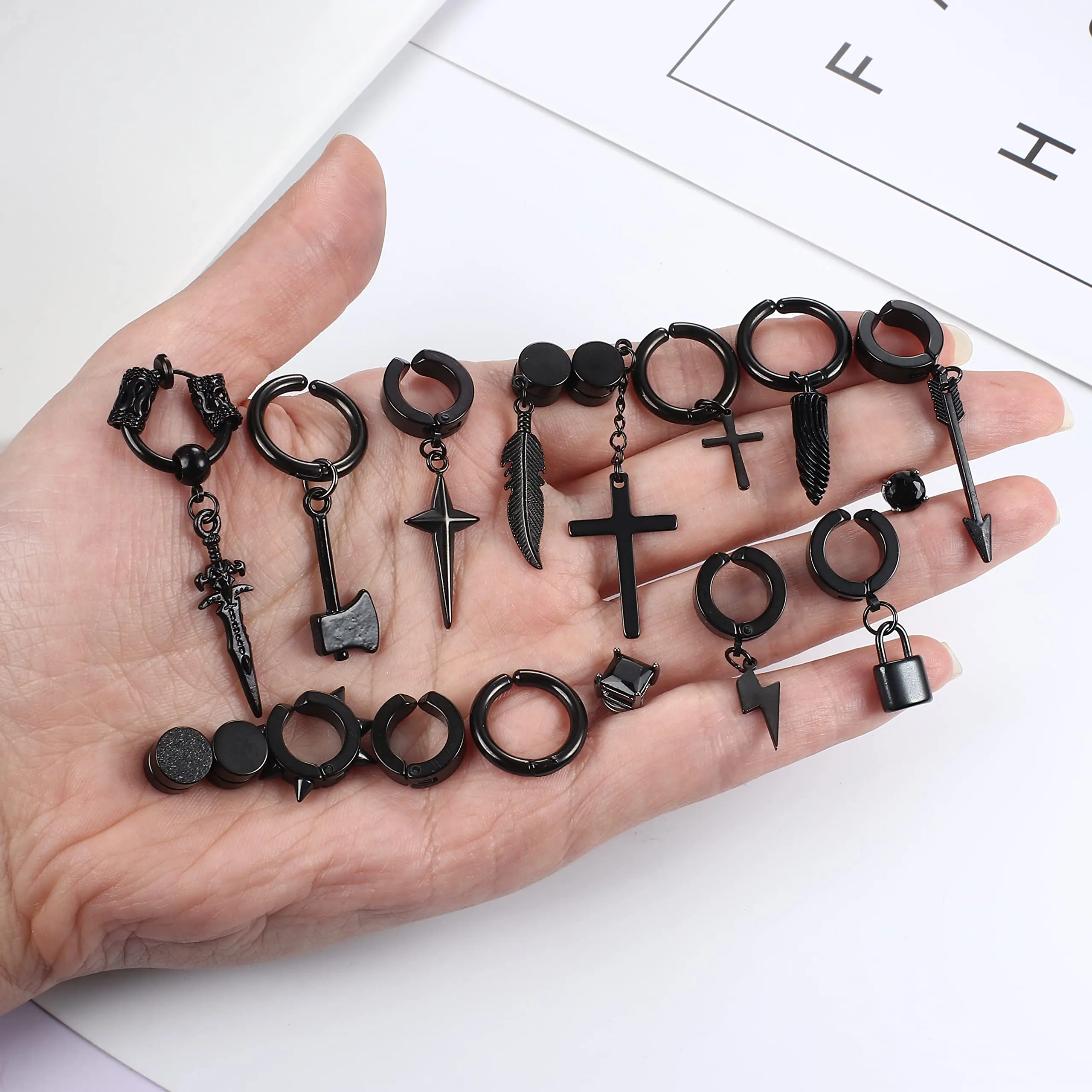 2 Pcs Black Stainless Steel Fake Clip on Earrings Cross Chain Dangle Earrings Non Pierced Huggie Hoop for Men Women hoop earrings ear clip earrings clip earrings ear clip ear accessories