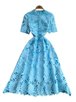 Ele Summer Lace round Ne Dr Women's High Waist Slimming Long Skirt Korean Sle Commute High Softn Regular Sve - Image 5