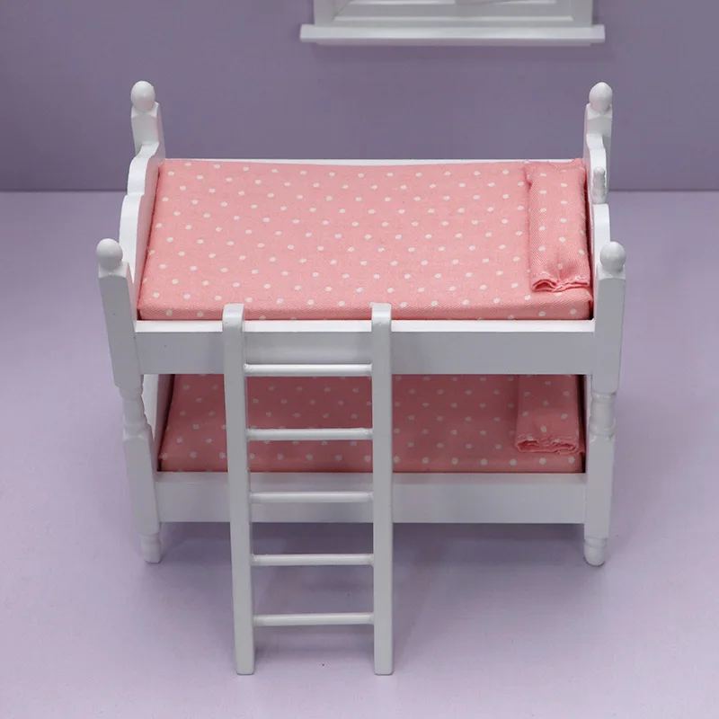 Lit Superposé Miniature Pour Maison De Poupée 1/12 - En Bois Et Tissu Coton - Dimensions 13,7x12x8,1 Cm