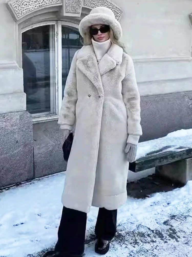 ZADORIN 2024 Elegant Lapel Double Breasted Long Faux Fur Coat 