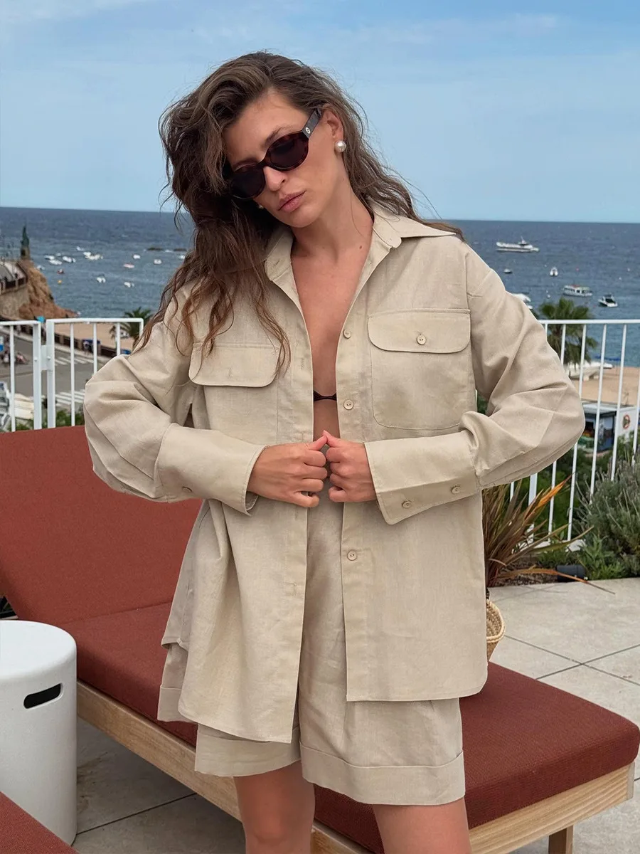 Bornladies Summer Women's 100% Cotton Long Sleeve Shirt Shorts Set Loose Breathable Fashionable Casual Outfit For Women