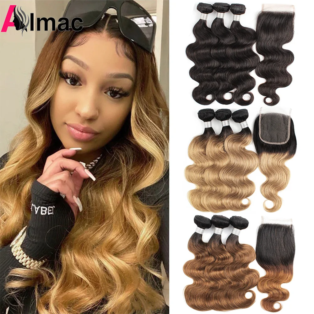 

1B 27/30 Ombre Brown Body Wave Bundles With 4x4 Transparent Lace Closure 2/3Lot Brazilian Human Hair Bundles Honey Blonde Color