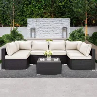All Weather Outdoor Sectional Conversation Sets with 6 Chairs and 1 Tempered Glass Table for , Garden Sofas 1