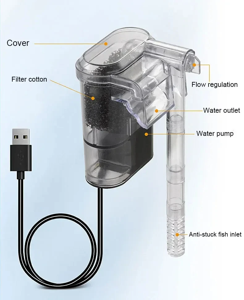 Aquarium Filter Hanging Filter Mini Filter Fish Tank USB power interface 2.5W Flow 250H/L Suitable for fish tanks below 30cm