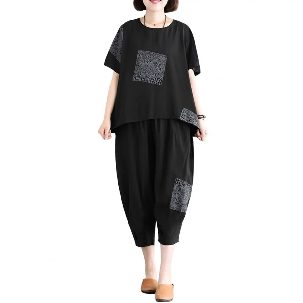 Stylish Adults T-Shirt Pants Suit Short Sleeves Two Piece Soft Female T-Shirt Pants Suit Dating Wear winter lace jumpsuit lace flower embroidery plus size women s summer jumpsuit stylish high waist wide leg short sleeves back