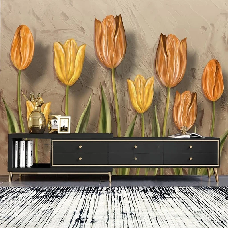 Custom Any 3D Wallpaper Modern Hand-Painted Tulip Flowers Wall Sticker Living Room TV Background Wall Paiting Papel De Parede 3D