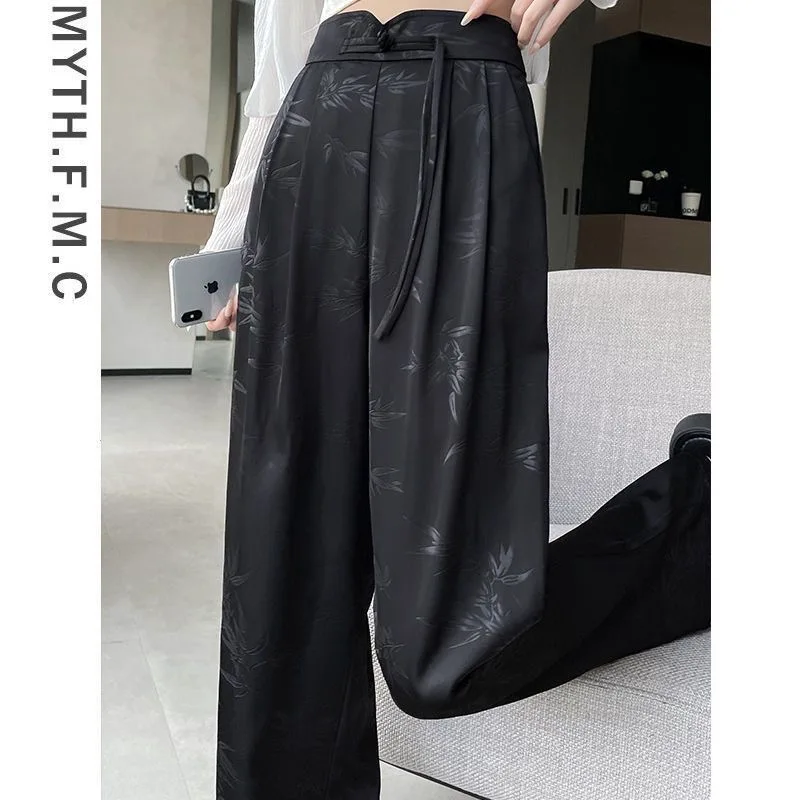 New Chinese Style Satin Jacquard Wide Leg Pants Women Spring and Summer New High-waisted Slim Casual Sweatpants Vintage