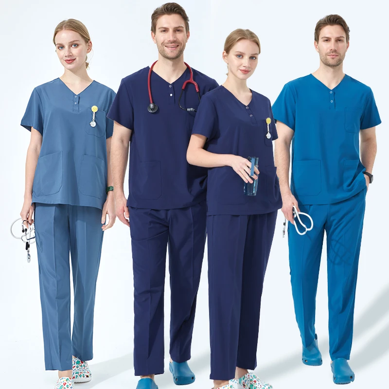 

4-way Stretch Nursing Scrubs Medical Dental Tunics Set for Women Men Doctors Nurses Outfit Suit Veterinary Surgical Uniforms S06