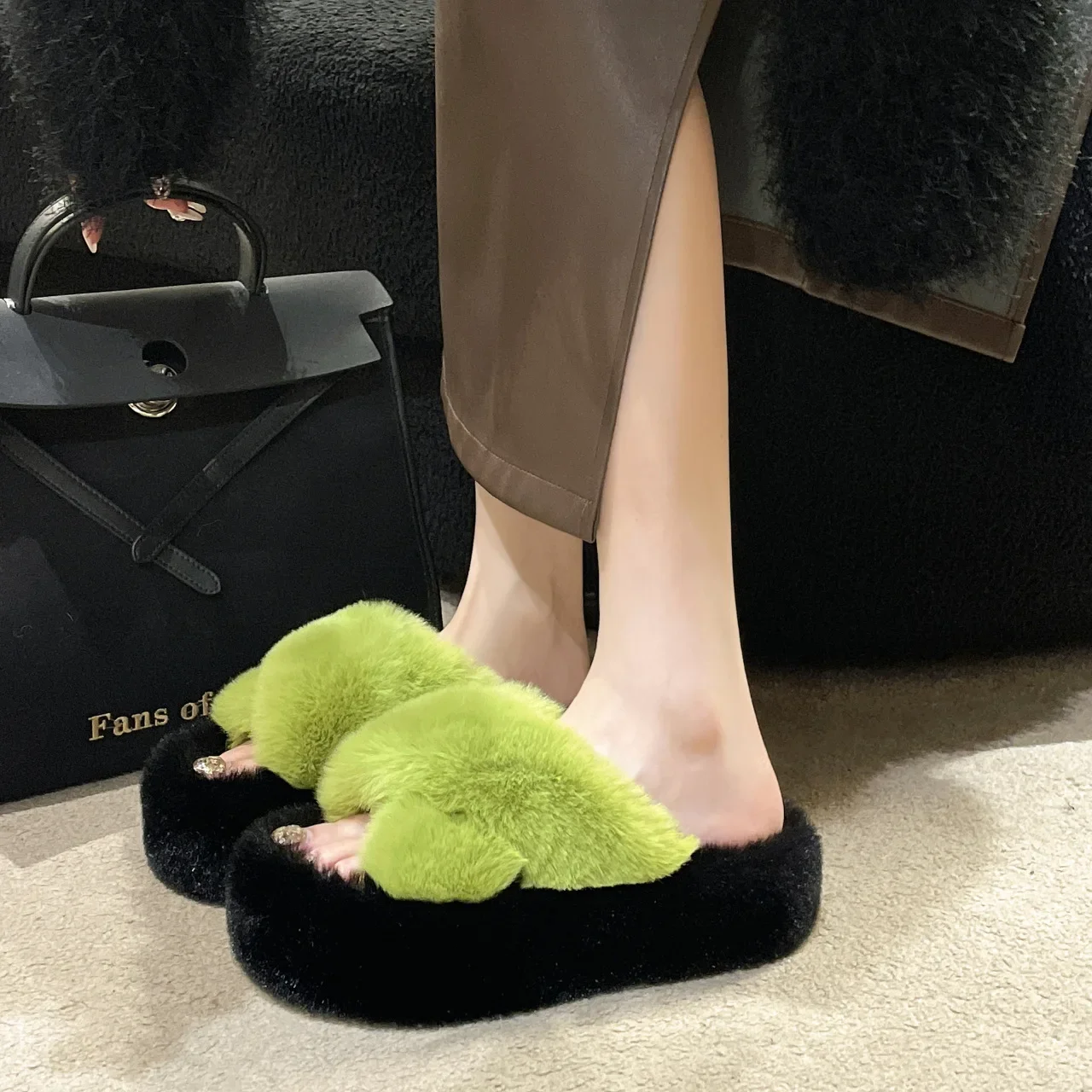 Summer Fluffy  Fur Slippers Shoes Women Real Fox Flip Flop Flat Furry Slides Outdoor Sandals  Indoor