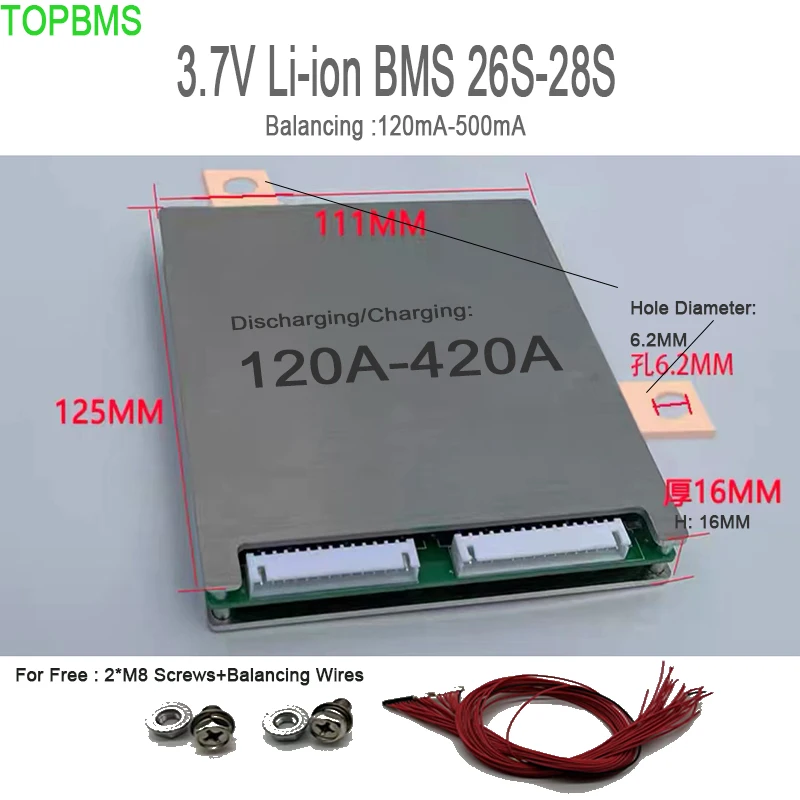 

TOPBMS 3.7V BMS 26S 96V 109.2V 28S 100V 30S 108V 126V 32S 118V 134.4V Discharging Charging 200A 250A 300A 400A Balancing 200mA