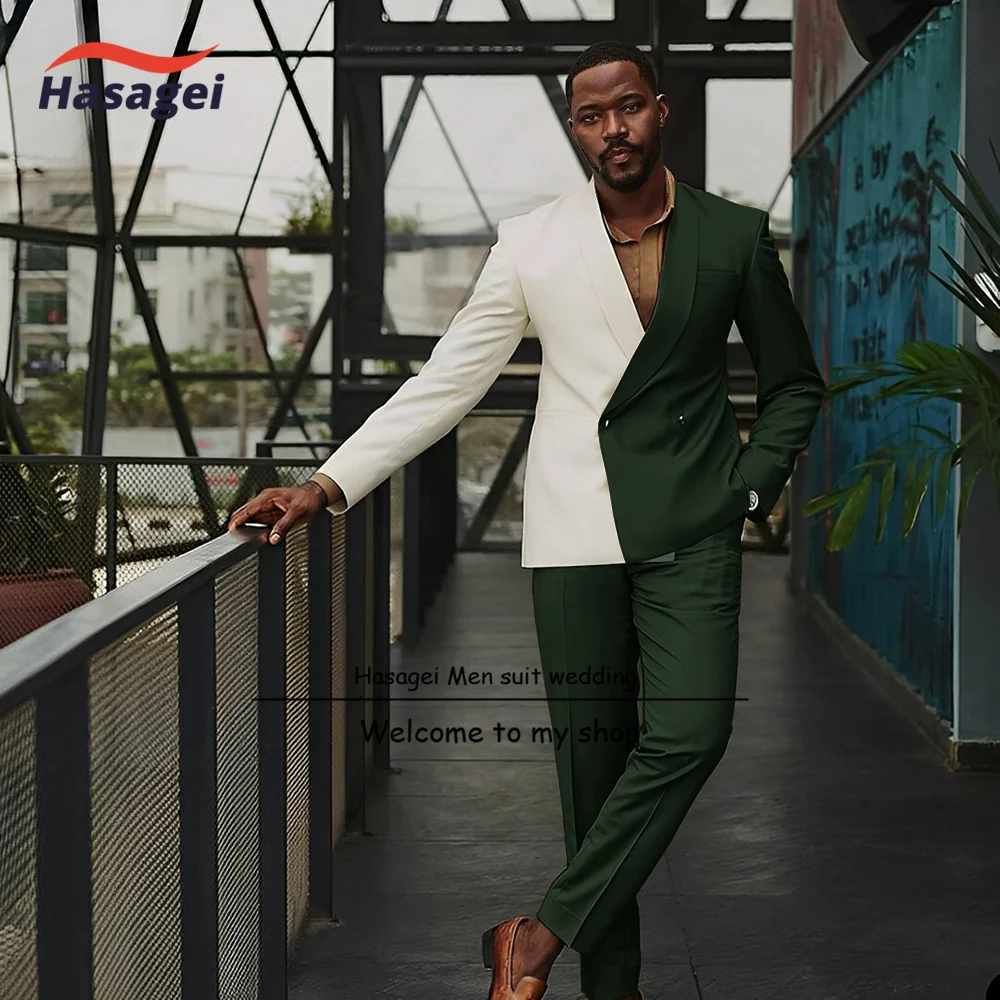 New Design Color Block Men's Suit 2-piece Green Fruit Collar Groom's Tuxedo for Wedding Formal Queue Outfit Slim Fit Pants