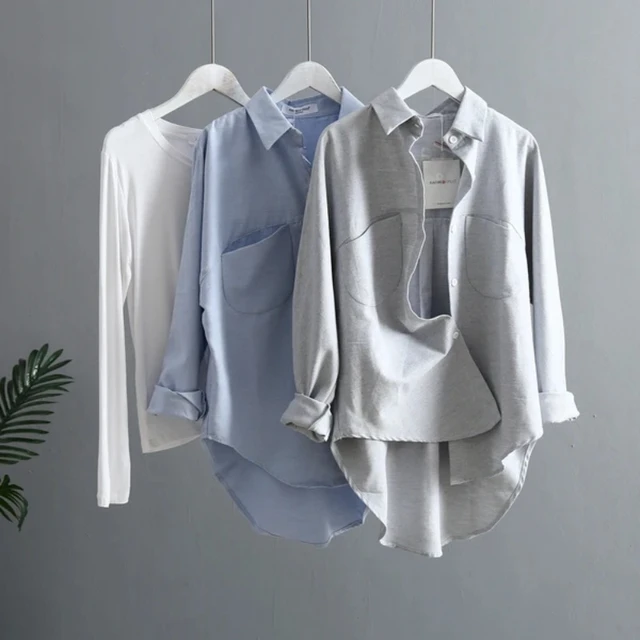 100% Cotton Loose Solid Women Shirts Turn-down Collar Long-sleeved Casual  All Match Lady Outwear Coats Tops - Women Shirt - AliExpress