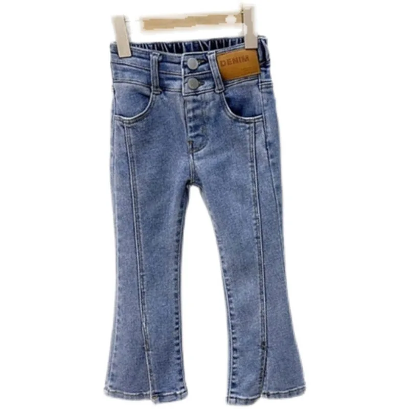 RAISE 봄 아동 여아 플레어 팬츠 코튼 스티커 베이비 여아 데님 팬츠 레트로 엘라스틱 허리  여아 청바지 아동 바지