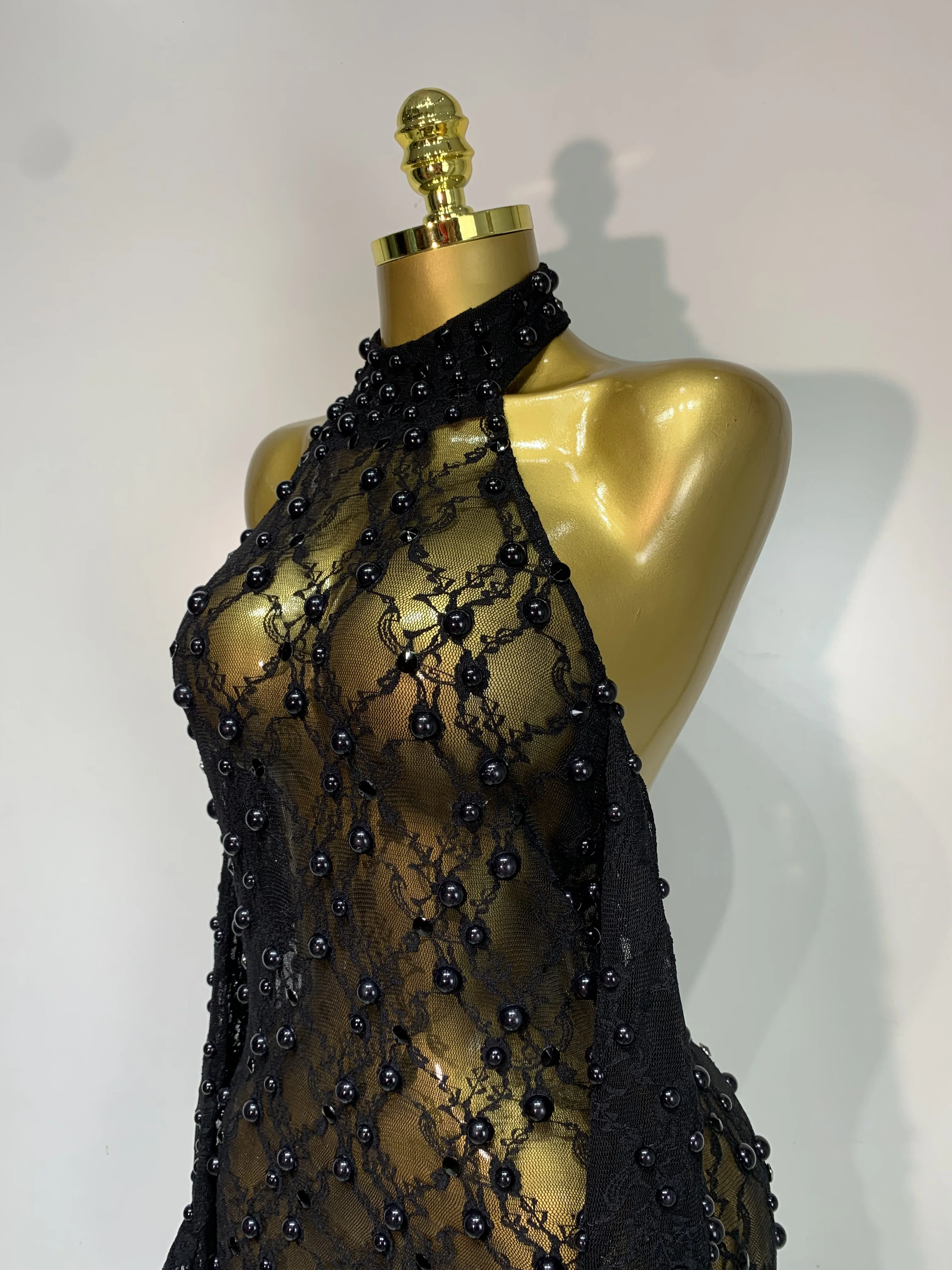 Women Luxury Black Pearls Lace Backless See Through Long Dress With Gloves Evening Club Party Celebrity Elegant Stage Costume