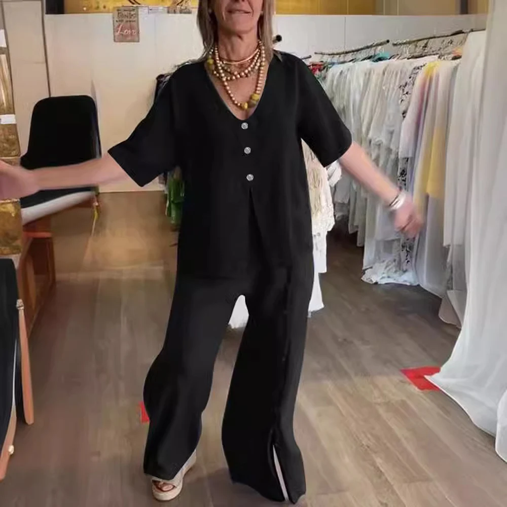 Women Two Piece V Neck Blouse and Wide Leg Pant Suits