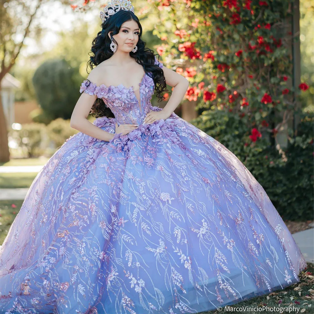 

Lilac 3D Flowers Ball Gown Quinceanera Dress Off The Shoulder Crystal Sequined Corset Sweet 15 Vestidos De XV Años
