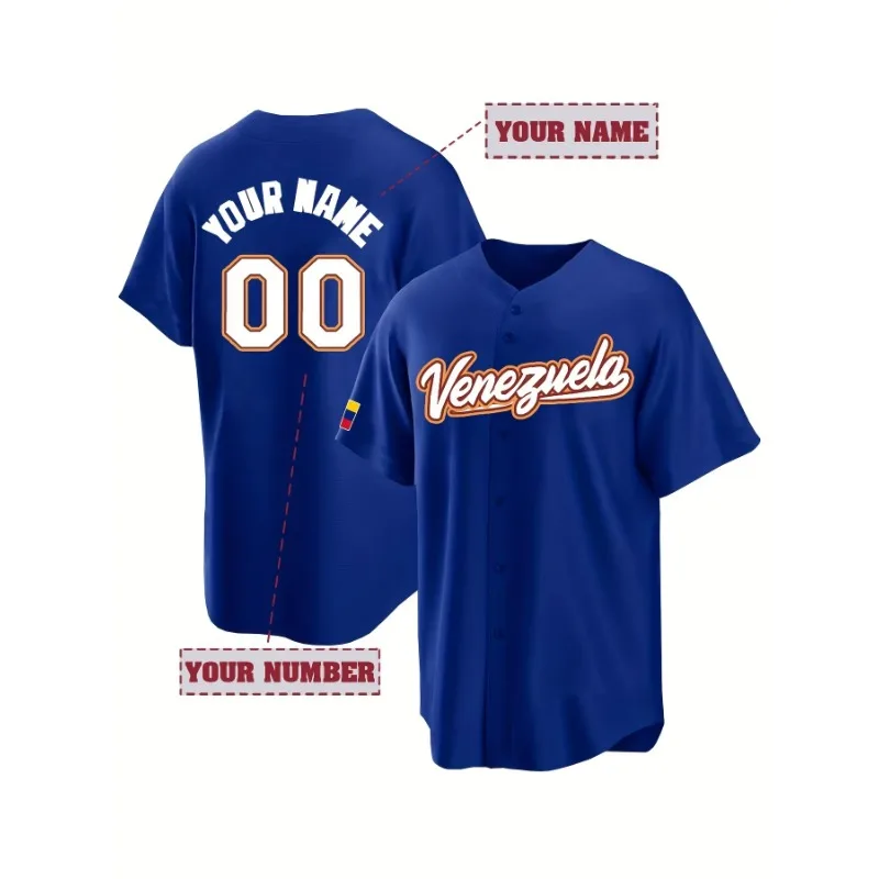 Personalized Name&Number Venezuela Baseball Jersey-Men's Loose Fit Short Sleeve Sports Shirt for Team Training Embroidery Design