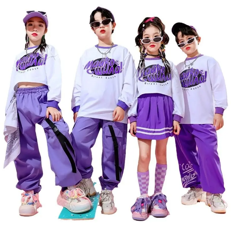 

Hip Hop Girls Crop Top Skirts Purple Clothes Sets Boys Jazz Vest Sweatshirts Street Dance Cargo Pants Children Kids Streetwear