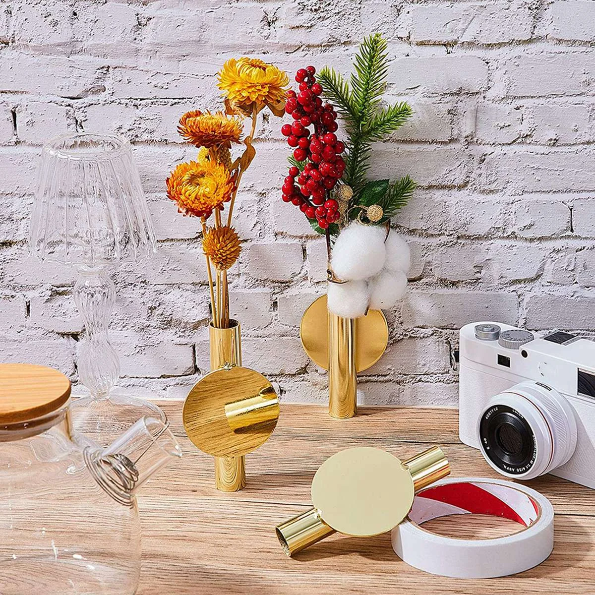 4Pcs Wall-Mounted Flower Tube Wall Metal Vase Decoration Stand Dry Vase Stand for Displaying Flower Decoration,Gold 5