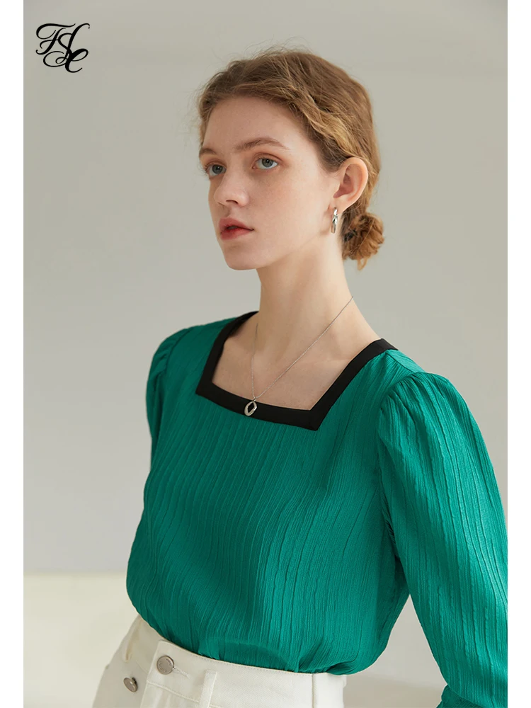 

Женская рубашка с квадратным вырезом FSLE, однотонная Повседневная офисная блузка с длинными рукавами, цветной топ с рукавами-фонариками, весна 2022