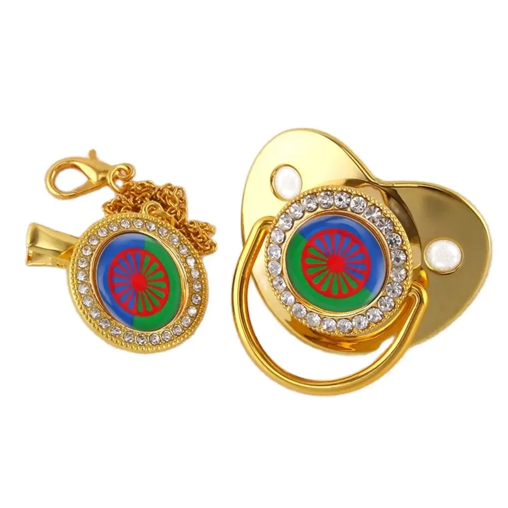Gypsy Aromanian Romany Luxury Baby Pacifier With Chain Clip Romani Roma Flag Theme Newborn Baby Dummy Soother Nipple 3